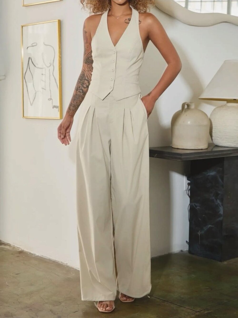 Matching Outfit Set Halter Vest Top Wide-Leg Dress Pants SZ S M L Stretchy Cream - Picture 10 of 13